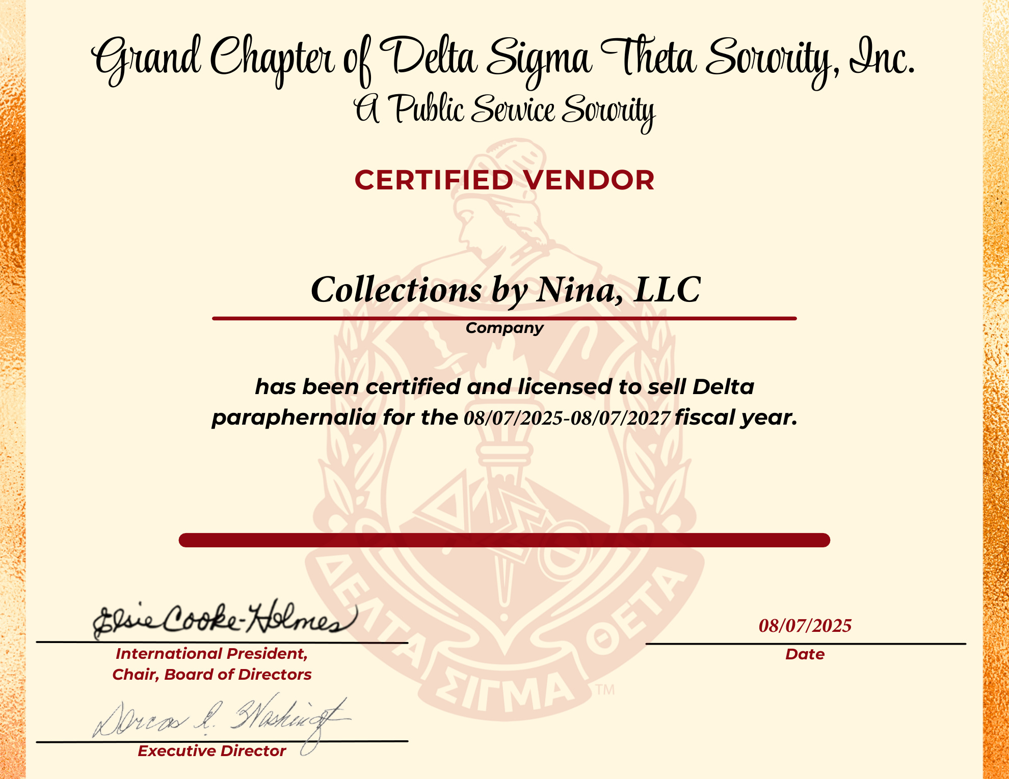 Collections by Nina Delta Sigma Theta Certified Vendor Certificate