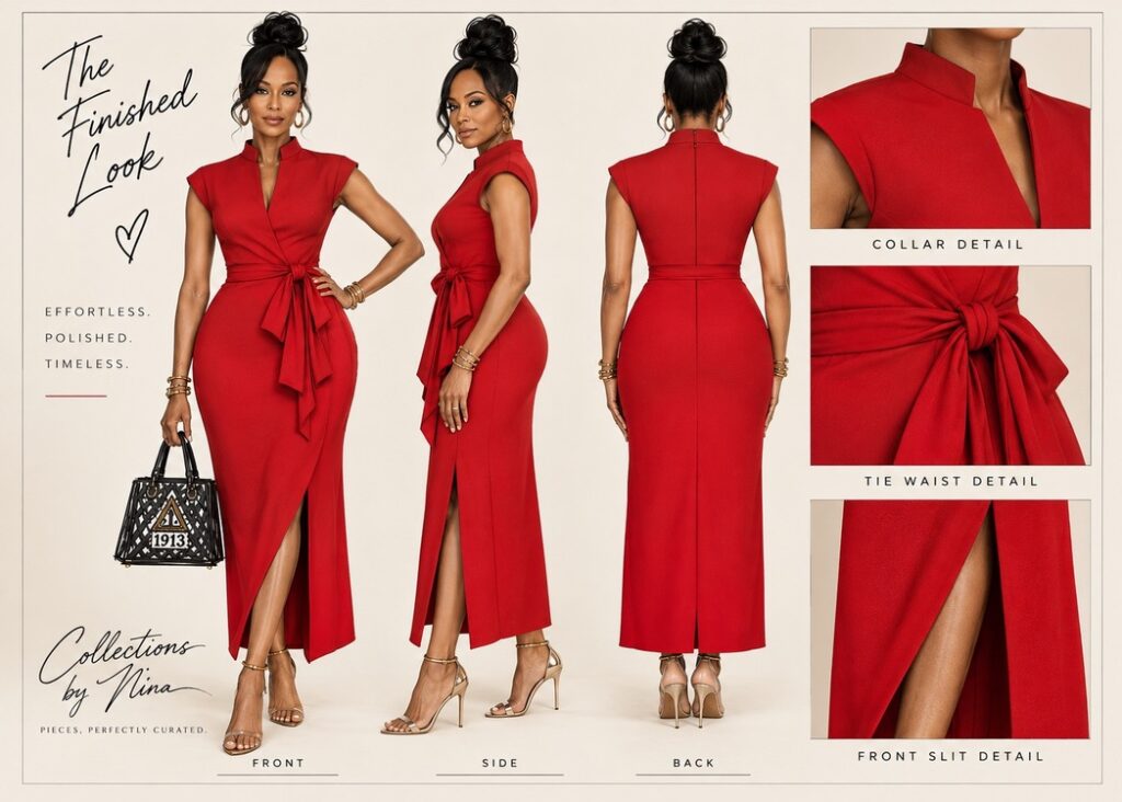 The finished red wrap dress shown front, side and back with collar, tie waist and slit details