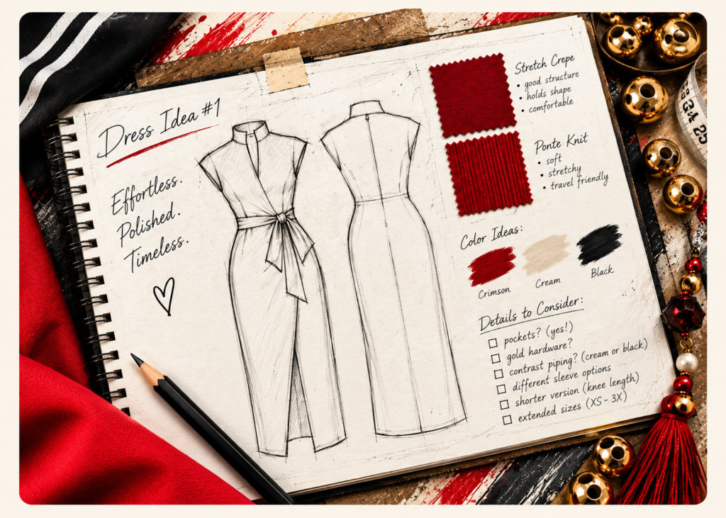 Sketchbook page with Nina's first sketch of a wrap dress, fabric swatches and color ideas