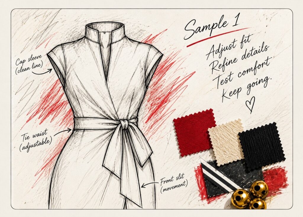 Close-up sketch of the wrap dress sample with notes on fit, fabric swatches and gold beads