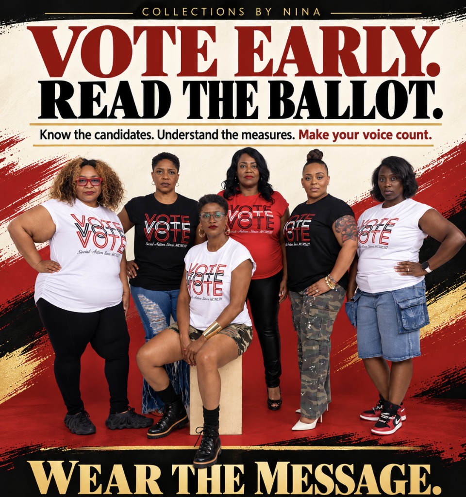 Vote Early. Read the Ballot. Six women wearing Collections by Nina VOTE shirts. Wear the message.